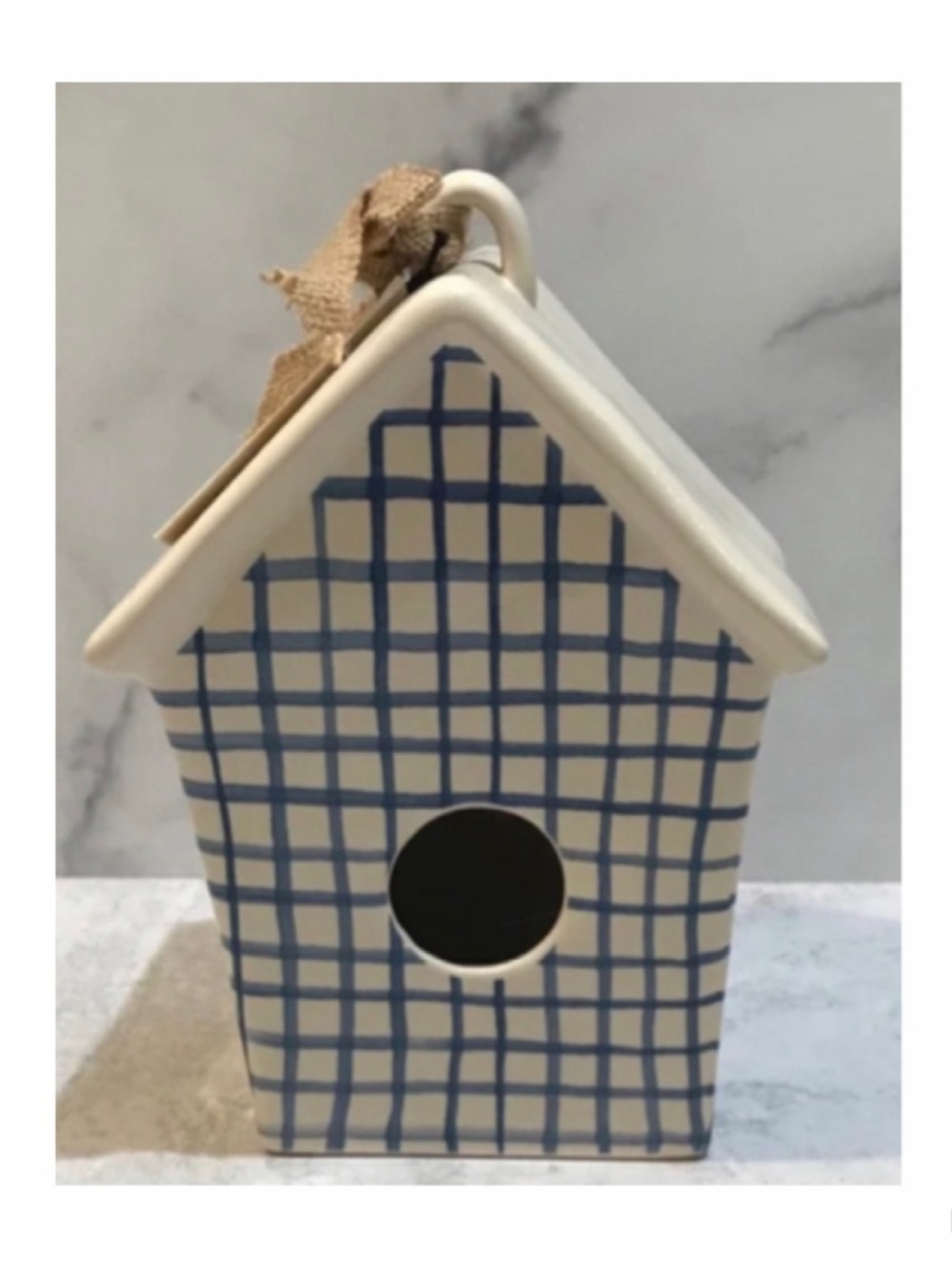 NEW Rae Dunn Blue Plaid PERCH Birdhouse  Farmhouse Decor Ceramic